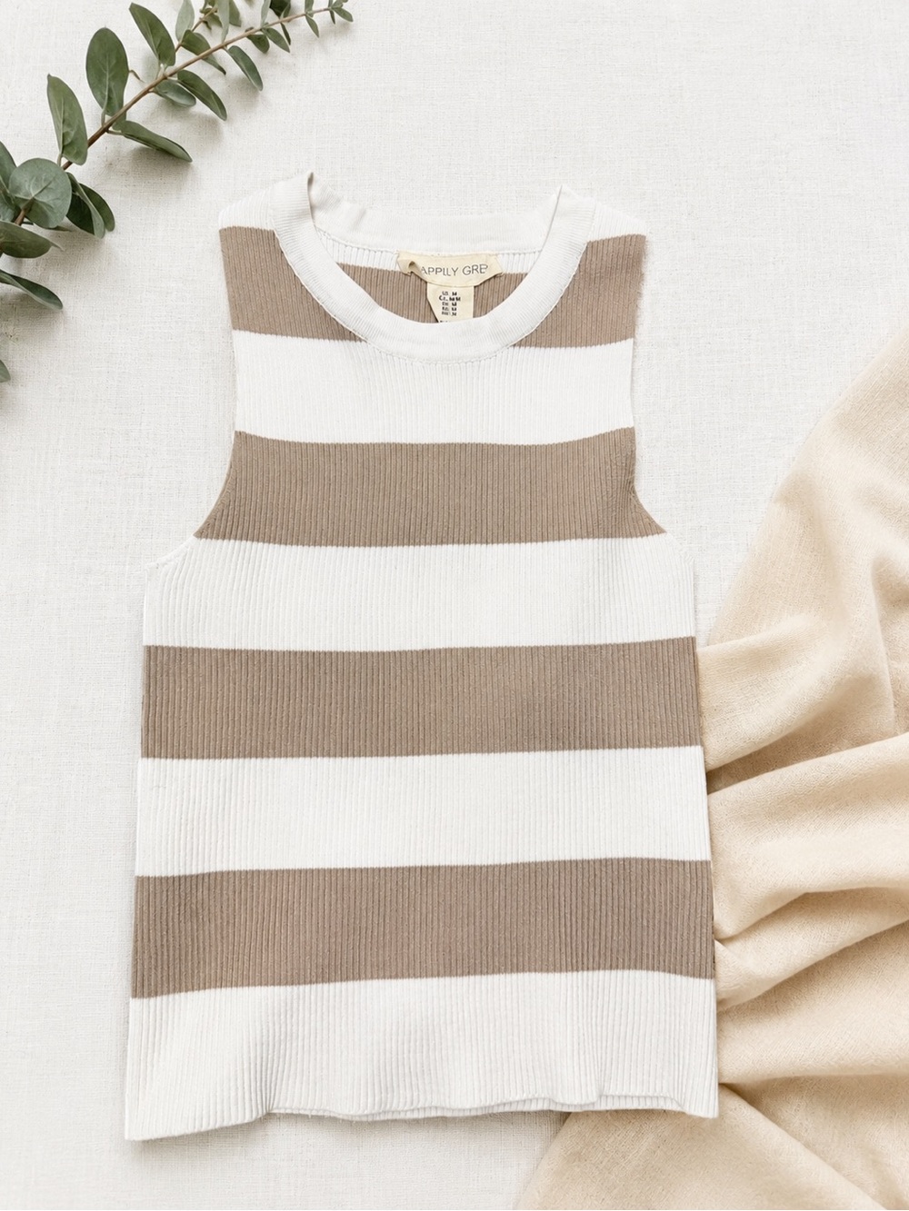 Trendy Happily Grey Beige & White Striped Ribbed Tank Top